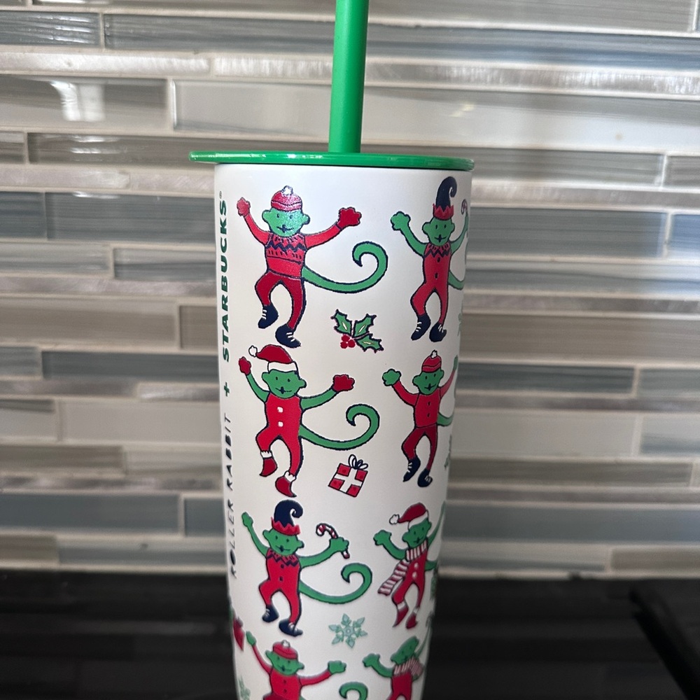 Roller Rabbit Holiday Tumbler with Green and Red Monkeys